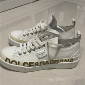 Dolce & Gabbana White and Gold Logo Sneakers
